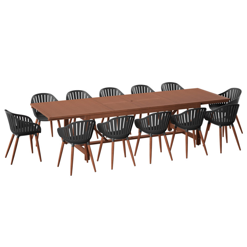 Whately 13-Piece Outdoor Rectangular Extendable Dining Table And Chairs Set | Eucalyptus Wood | Ideal For Patio, Brown Table & Black Chairs