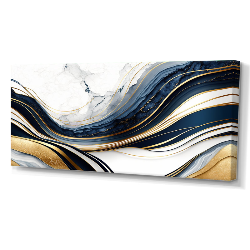 «Abstract Geode Waves Blue and Gold III», reproduction sur toile abstraite, Toile tendue, H 28 po x l 60 po x P 1,5 po