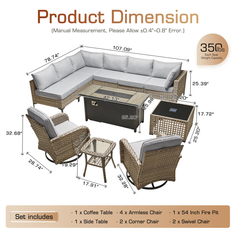 Ensemble de conversation extérieur en résine tressée de 11 pièces avec table de foyer au propane et éclairage solaire