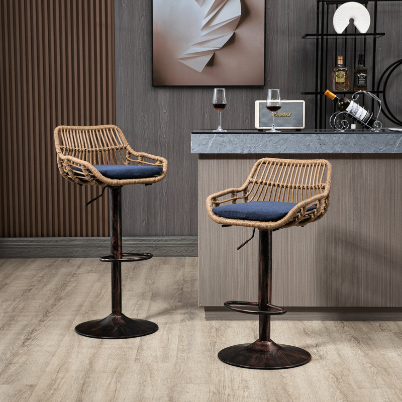 Tabourets réglables à hauteur de comptoir de 2, lin bleu avec repose-pieds pour la décoration de la maison, chaises de cuisine 2 pièces, espace rembourré