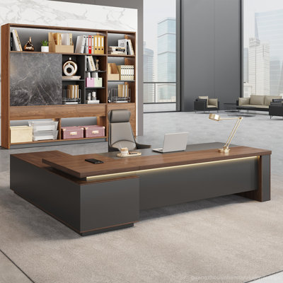 Ensemble de bureau en forme de L et bibliothèque polyvalente en noyer Elegant