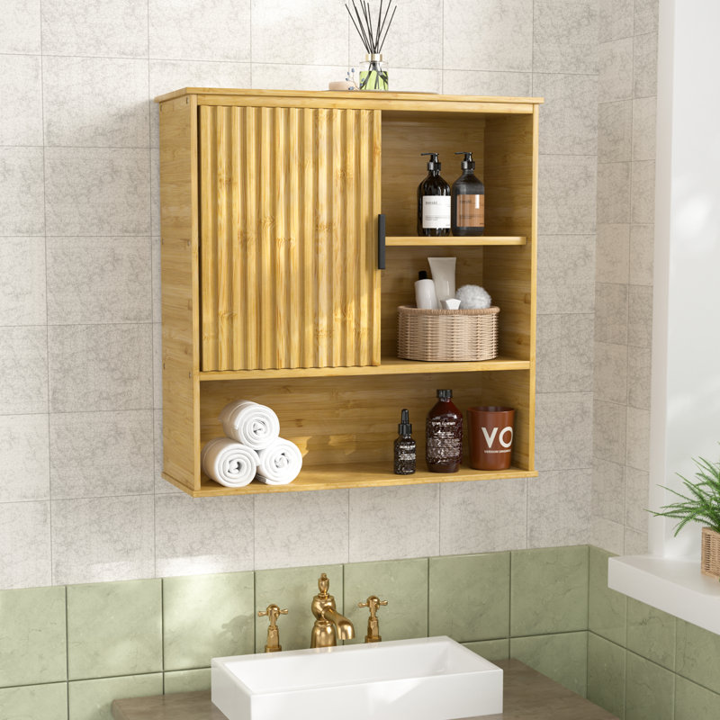 Armoire de salle de bain murale en bambou Donnell, armoire de rangement murale avec porte de grange coulissante et 1 tablette réglable ouverte