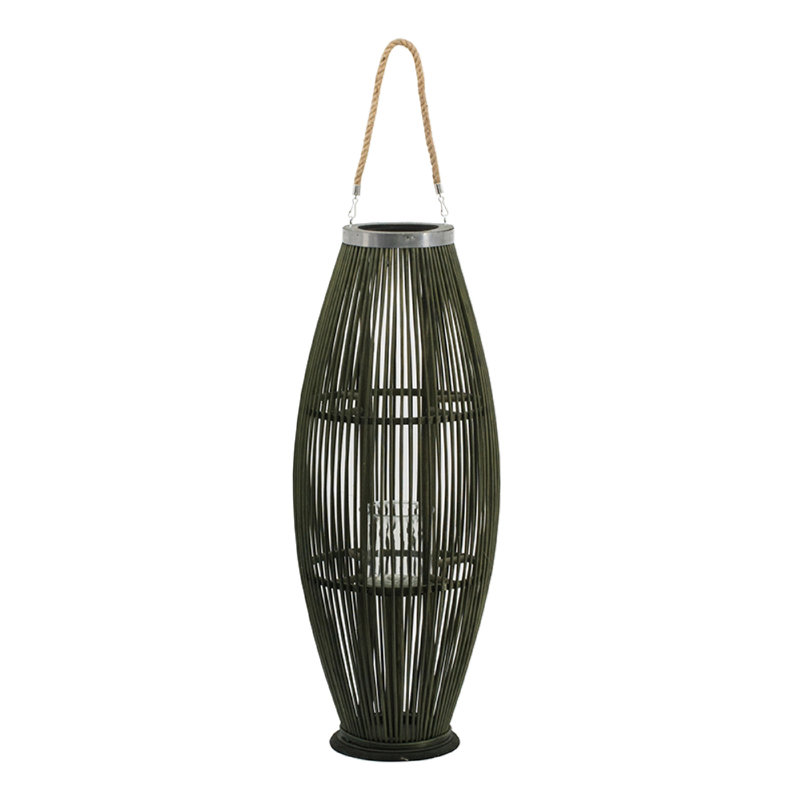 Prish Tall Lantern, Glass Insert, 33 Inch Green Bamboo Frame, Hemp Rope