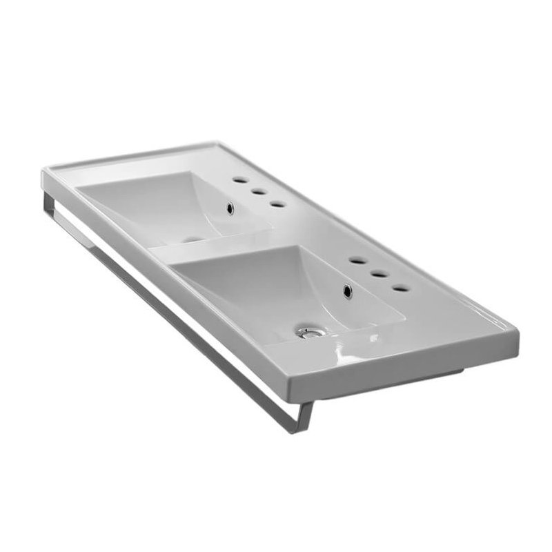Scarabeo By Nameeks ML 18.5'' White/Chrome Ceramic Rectangular Trough, Wall Mount Bathroom Sink with Overflow, 8" Widespread
