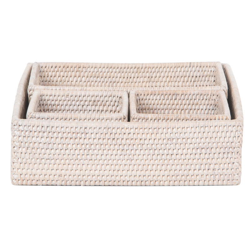Organisateur de bureau, tiroir, tablette et plateau de rangement en rotin 4 pièces Bohi La Jolla, Blanc