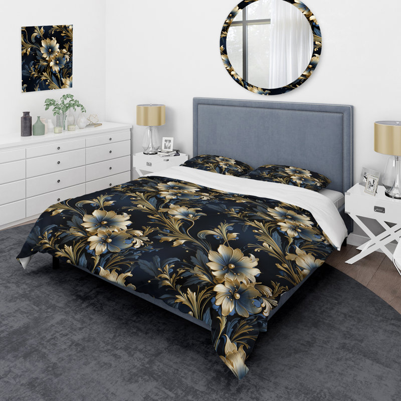Regal Baroque Flourish Victorian Pattern V Floral Duvet Cover, King Duvet Cover + 2 King Shams