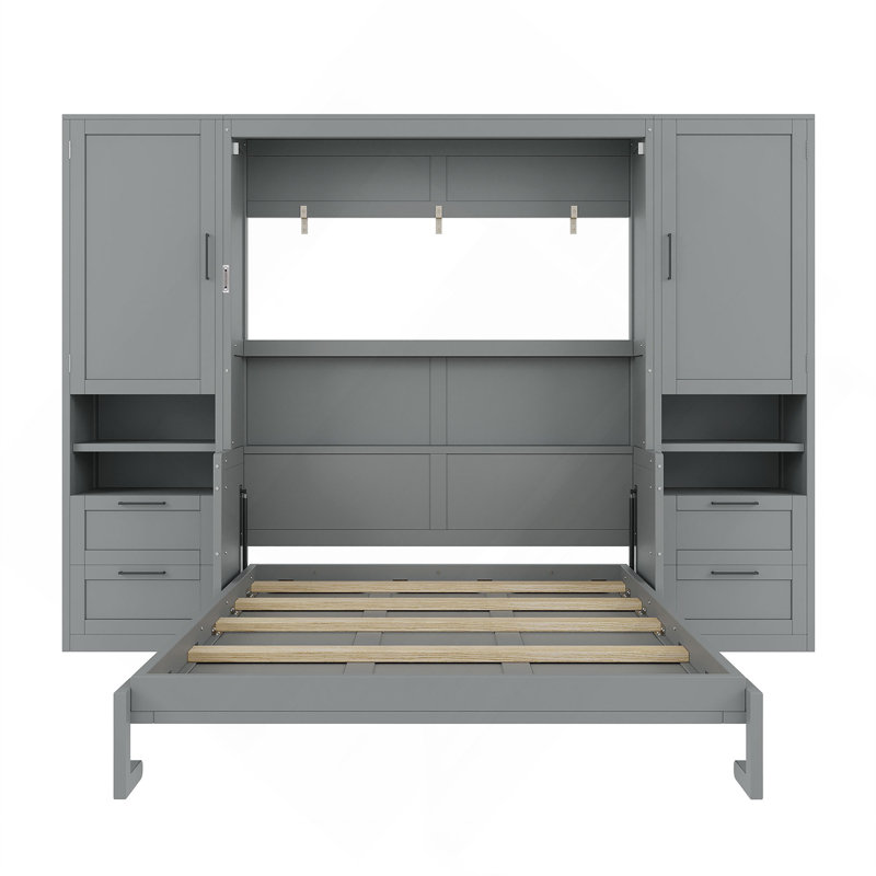 Grand lit escamotable mural avec placard, tiroirs et tablettes, Gris