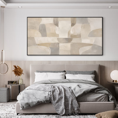 Extra Large Wall Art Fabric Print - Beige Neutral Geometric Shapes Modern Bedroom Decor - "Frame Assembly Required (Unfinished Frame)"