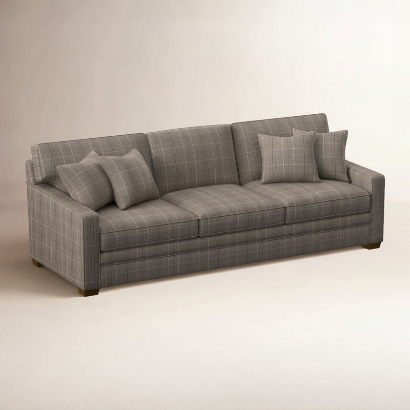 Ellora Upholstered 93'' Sofa, Taupe Plaid; 0126-73, Honey Finish