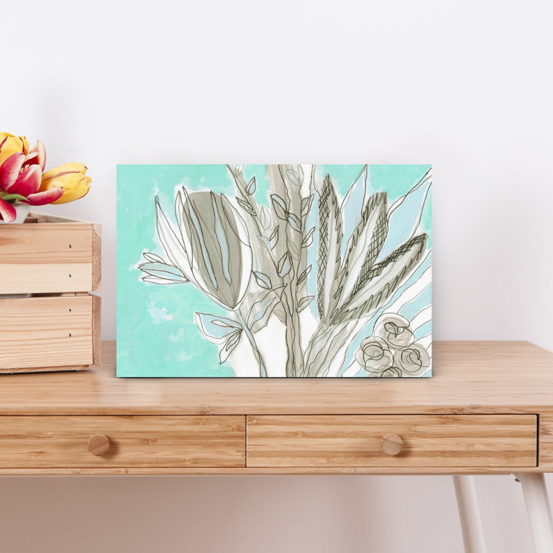 Art mural abstrait printemps été bleu clair clair sur fond gris primitif floral 1, H 12 po x l 18 po