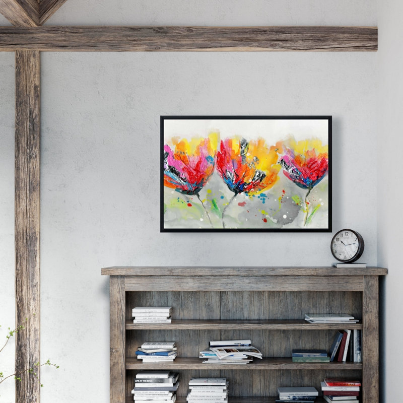 " Four Colored Flowers On Gray Background "