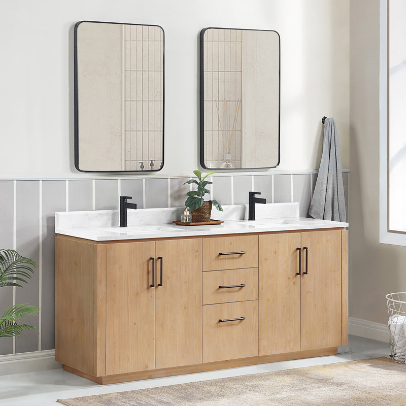 Cloverfield 72'' Double Bathroom Vanity with Cultured Marble Top, Fir Wood Brown, Matte Black