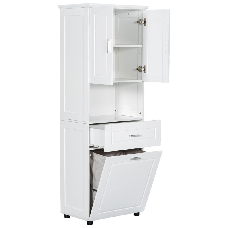 Armoire de salle de bain haute avec panier à linge - grand espace de rangement, basculant, blanc