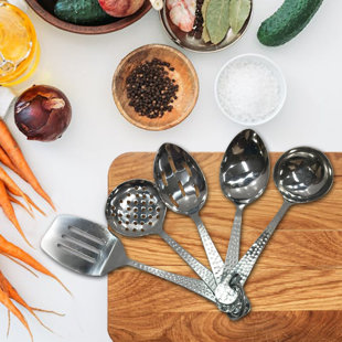 Stainless Steel Kitchen Tool Set of 5 | Slotted Spoon, Slotted Turner, Solid Spoon, Ladle & Skimmer | Shinny Finish