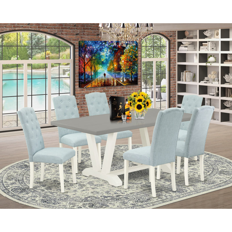 Ensemble de table de salle à manger 7 pièces - 6 chaises de salle à manger Parson avec siège en tissu lin bleu bébé et dossier capitonné à boutons - Plateau de table rectangulaire en ciment et pieds en bois - Lin brossé blanc