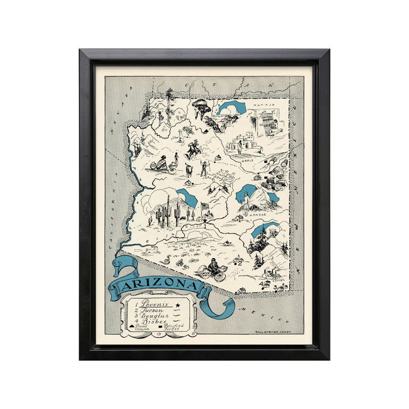 Carte illustrée de l'Arizona, Cadre noir, Canevas, H 08 po x l 10 po