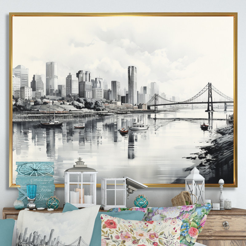 Hong City Cityscape Sketch I - Hong Kong Wall Decor, H 16 po x l 32 po x P 1 po, Cadre flottant doré