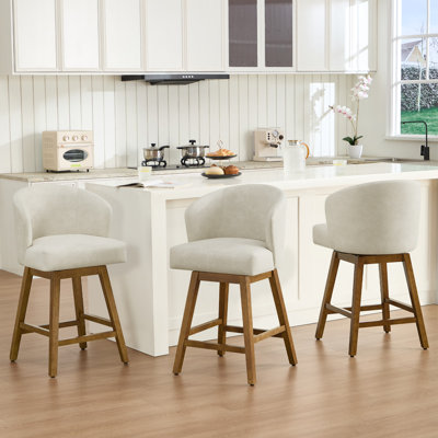 360° Swivel Upholstered Bar Stool With Solid Rubberwood Base, Spring-Cushioned Comfort, 350 Lb Capacity