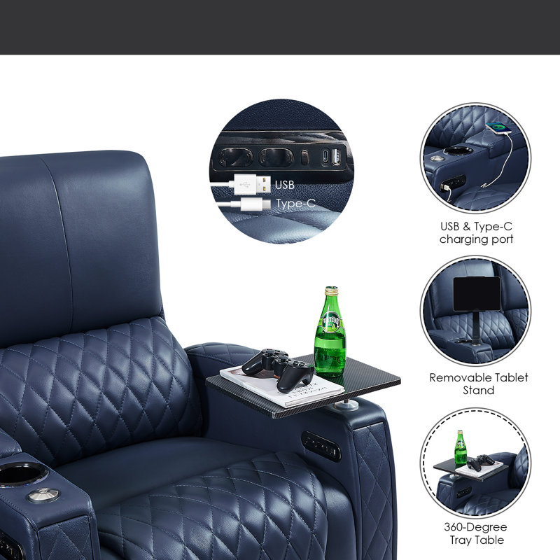 Haiylee Zero Gravity Home Theater Seating Top Grain Leather Recliner Sofa Power Headrest Footrest , Blue Genuine Leather