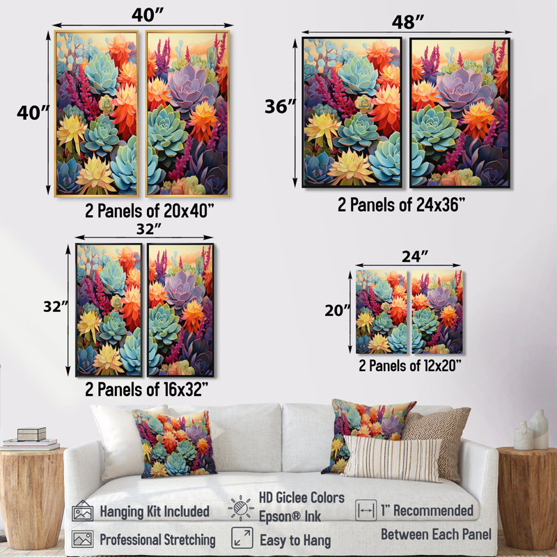 Fleurs colorées du désert succulentes - art mural grand succulent, H 20 po x l 24 po, Impression encadrée flottante, Brun
