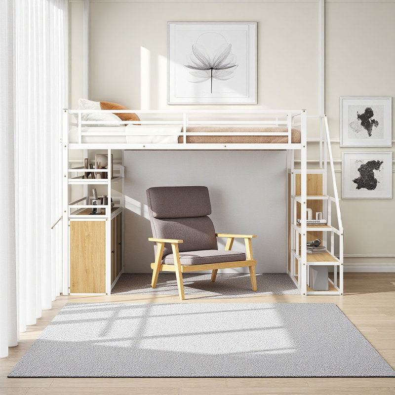 Lit mezzanine double en métal avec escalier de rangement et garde-robe, tablettes et casiers, Blanc