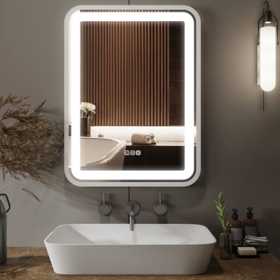 Miroir de salle de bain pour salle de bain avec fixation murale 32 x 24 - intensité variable 3 couleurs, brouillard, fonction de mémoire, températures de couleur du cadre DEL argenté, fonction brouillard