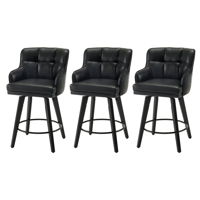 26''H Upholstered 360°Swivel Counter Height Bar Stools, Wood Legs Kitchen Island Chairs, Black, 3