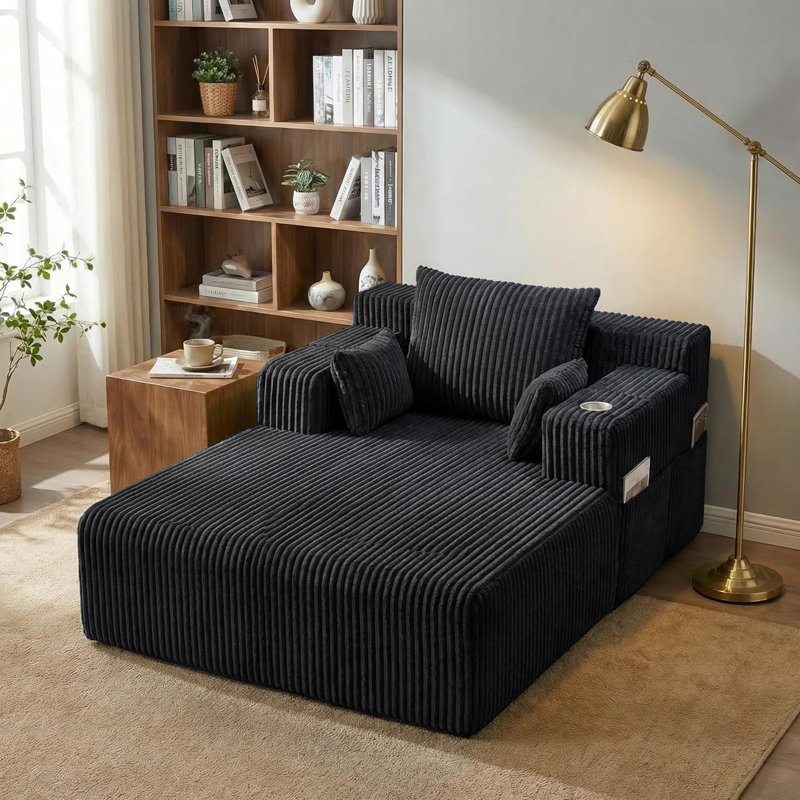 Oversized Corduroy Chaise Lounge Compression Sofa Deep Seat Couch Upholstered Sofa Bed with 1 Cup Holders & 4 Side Pockets - No Assembly Required
