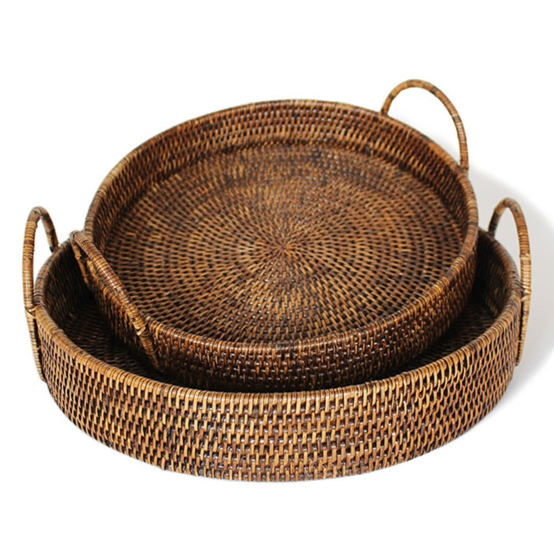 Plateau rond avec poignées en boucle, Brun antique