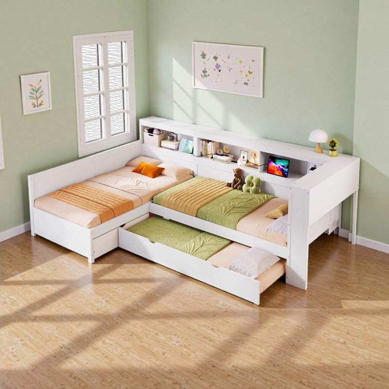 Lit simple moderne en L blanc avec lit gigogne, tiroir de rangement et station de charge | Conception peu encombrante, Blanc