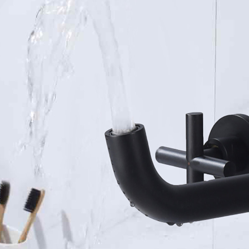 Robinet de salle de bain mural avec bonde, Avec ensemble de drain, Noir mat