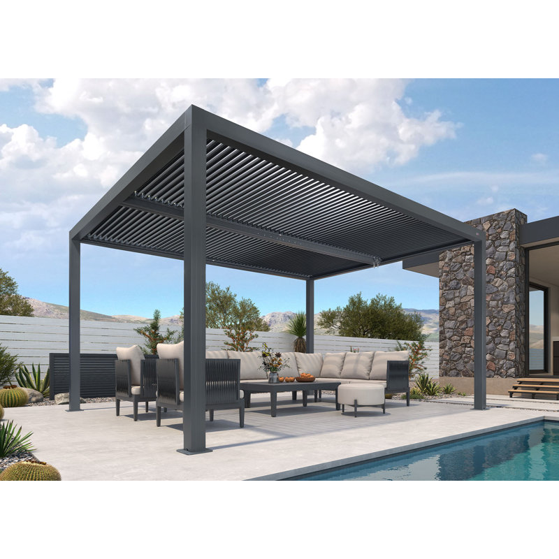Gray Outdoor Louvered Aluminum Pergola, 14 ft. W x 11 ft. D