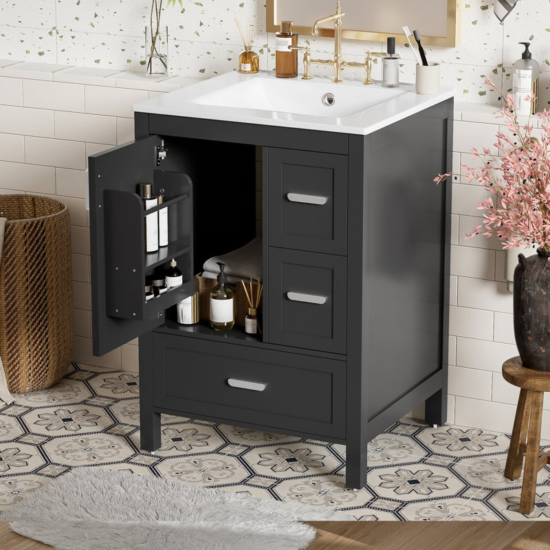 24" Bathroom Vanity With Ceramic Sink, Soft-Close Door, Black