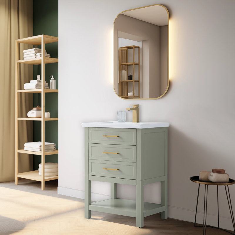 Meuble-lavabo simple 24 po avec comptoir en céramique Vicini, Sauge clair / or brossé