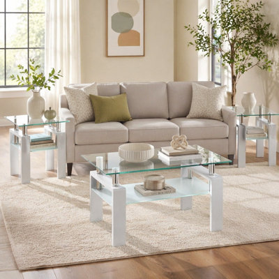 3-Piece Coffee Table,Square Glass Tea Table