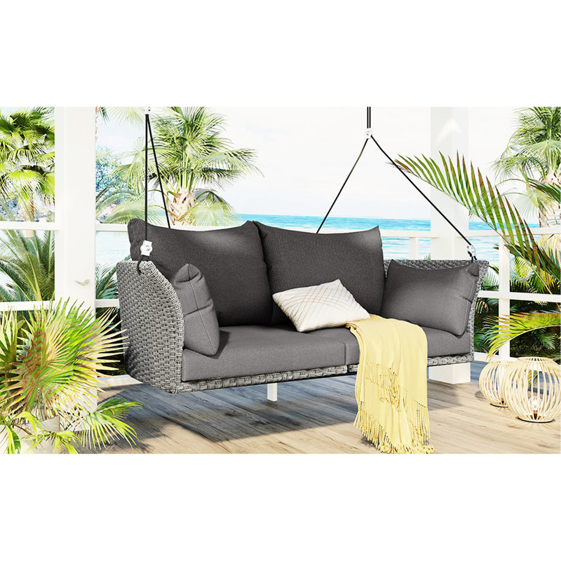 Balancelle de véranda avec cordes, chaise de 51,9 po imperméable et ensoleillée, siège à quincaillerie, matériau tissé noir, hauteur réglable confortable