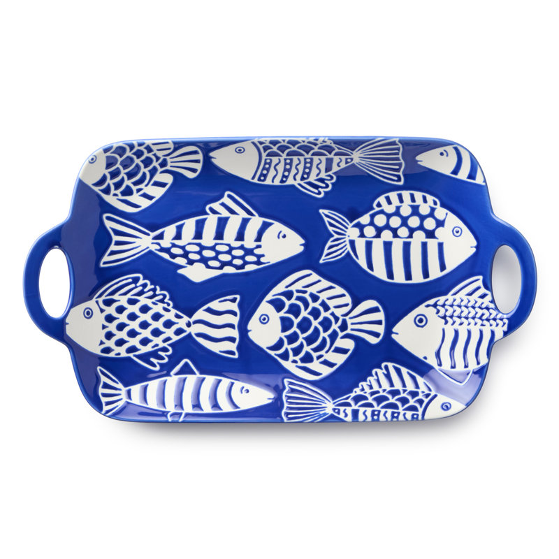 Fish Tale Porcelain Rectangular Tray with Handles – Coastal Blue Fish Pattern Serving Tray for Appetizers, Seafood & Entertaining
