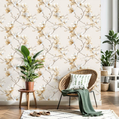 Peel and Stick Wallpaper Elegant White Beige Magnolia Flower Branch Contact Paper Removable Self Adhesive Wall Mural Wall Decor for Bedroom Kitchen Cabinets 24in x 118in