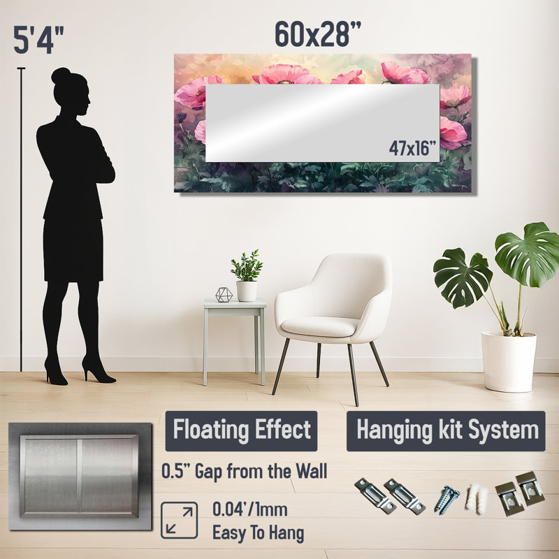 Spring Pink Poppies Scarlet Horizon II - Floral Mirror Wall Decor - Printed On Metal, 28" x 60"