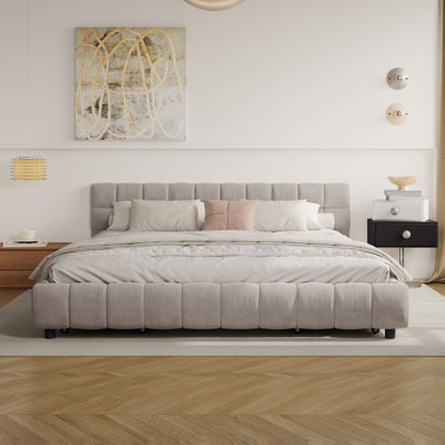 Chenille Upholstered Bed Frame With Headboard And Drawer