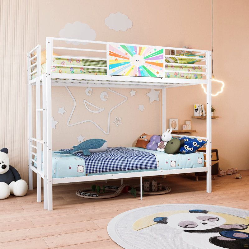 Lit superposé double au-dessus de double pour adultes et enfants, structure de lit superposé robuste avec échelle rembourrée pour garde-corps, sans sommier tapissier, blanc