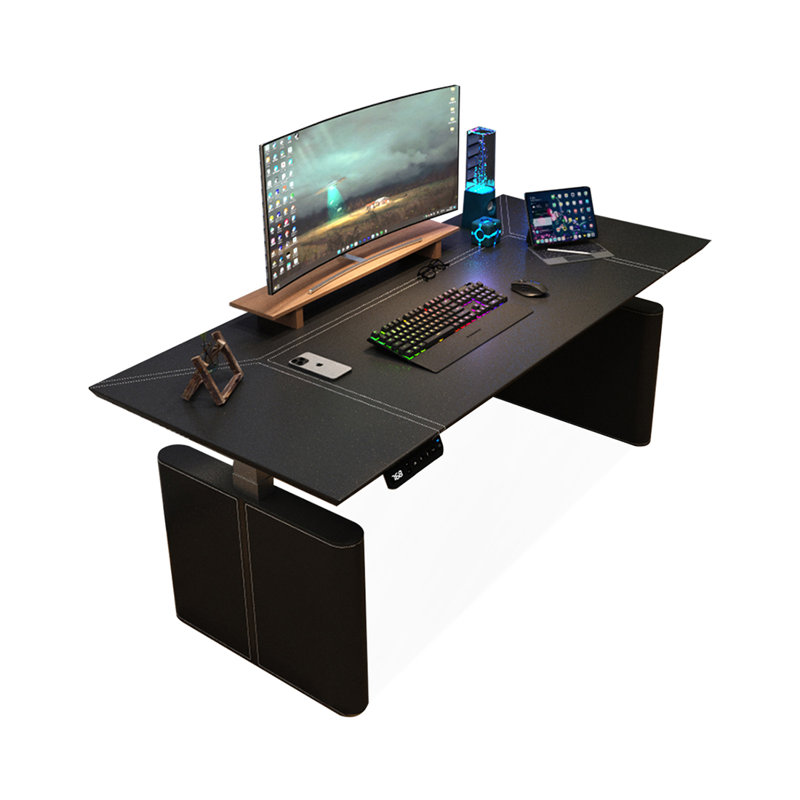 Black Rectangular Leather Standing desk, Black/Black, 49.21" H x 86.61" W x 27.56" D
