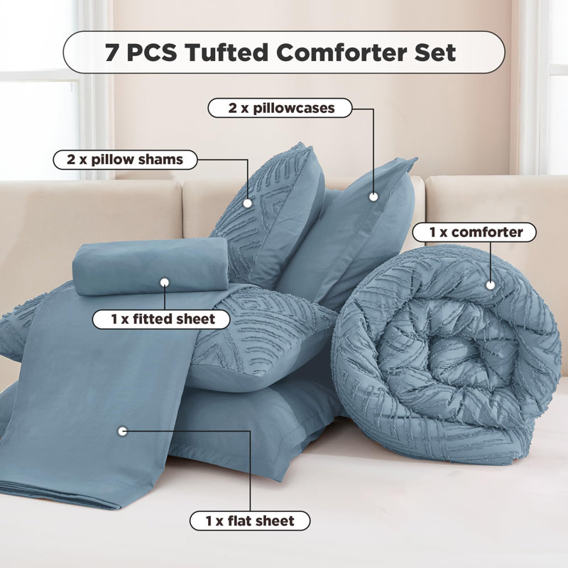 Andency Oversized Queen Size Comforter Set with Sheets Grayish Blue - 7 Pieces Bed in a Bag Oversized Queen Boho Tufted Lightweight Bedding Sets with Comforter, Sheets, Pillowcases & Shams