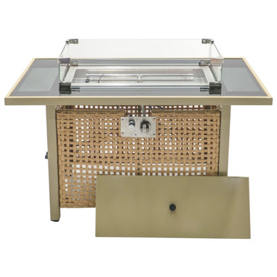 Table de foyer d'extérieur au propane 60000 avec pare-vent en verre, tissage rectangulaire de 43 po pour terrasse de patio - gaz orange et jaune moutarde,