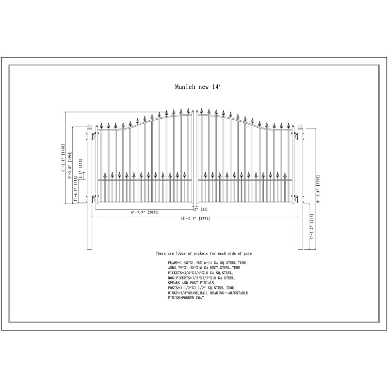 Barrière en métal 6 pi (1,83 m) à double entrée Munich, H 75 po x l 168 po x P 1,58 po