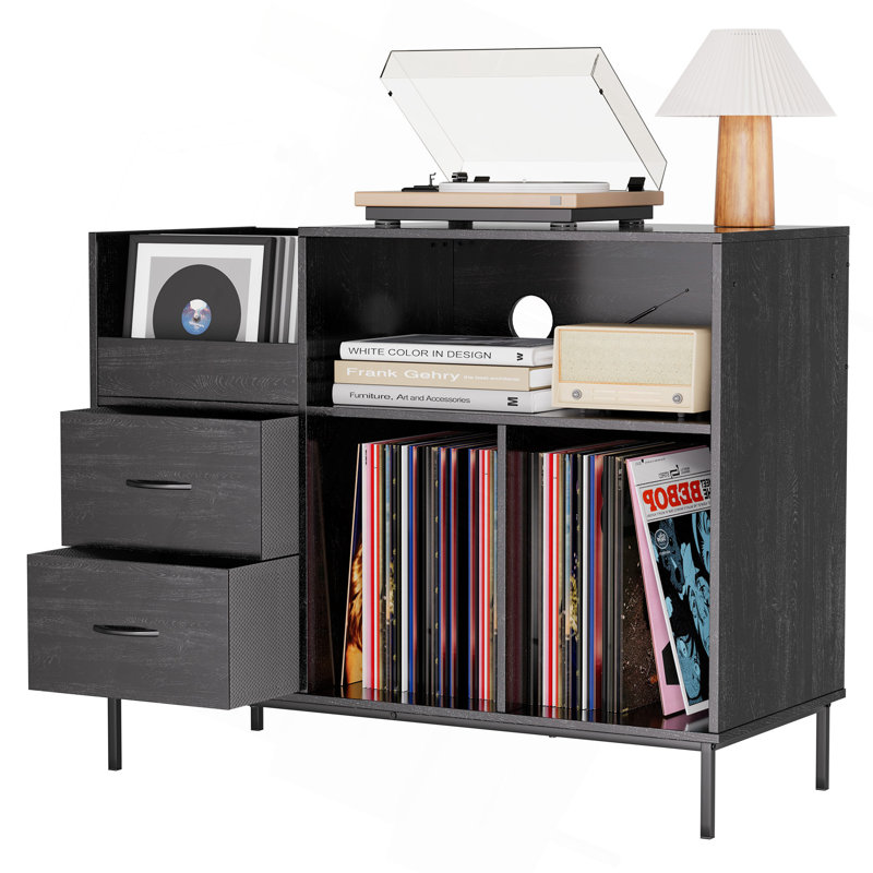 27.6" Black Wood Grain Record Player Stand - Power Outlet And Flap, Stores Over 300 Vinyl Records, 2 Dust-Proof Drawers, Assembly Required