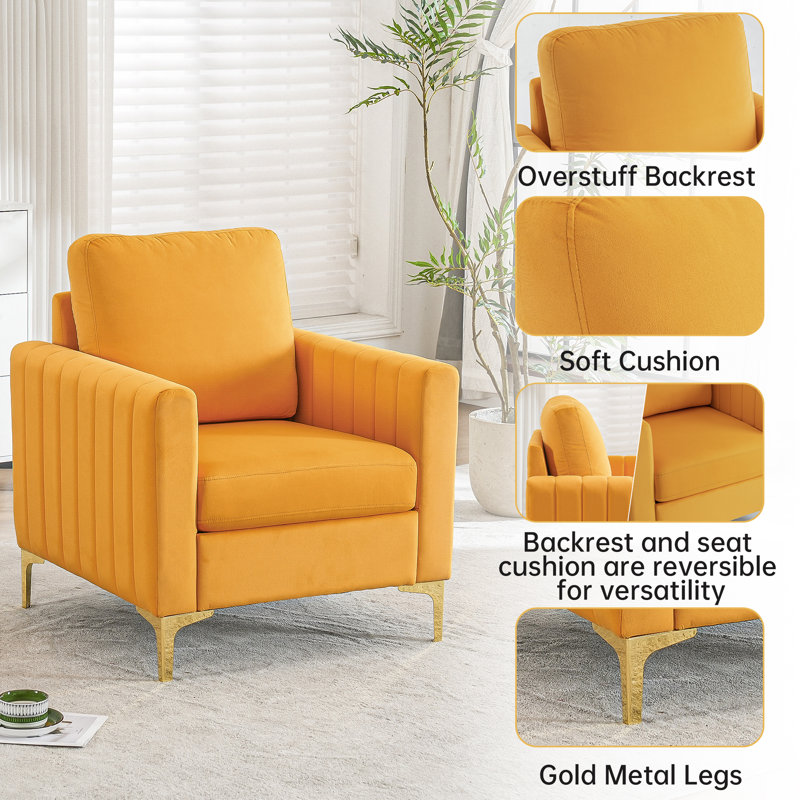 Velvet Accent Chair With Gold Metal Legs  (Set Of 2), Mustard