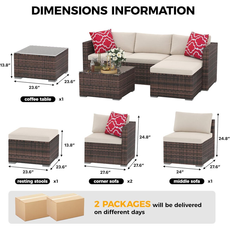 Ensemble modulaire d'extérieur en rotin 5 pièces avec repose-pieds et table en verre PE, brun / kaki, Brun, Ivoire ivoire
