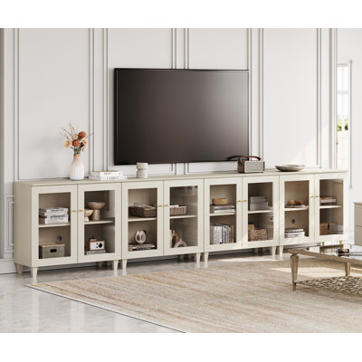 Meuble télé 4 en 1 avec portes en verre, console multimédia avec tablettes réglables et gestion des câbles