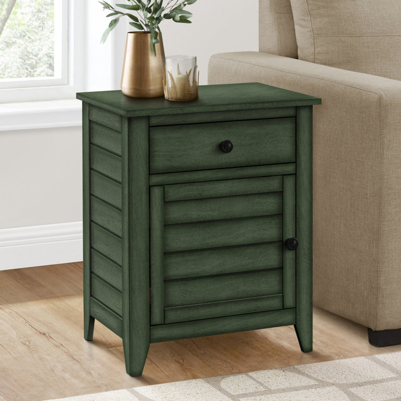 Table d'appoint, table de chevet, tiroir de rangement, bout, table d'appoint, chambre à coucher, lampe, rangement, placage vert antique, transitionnel